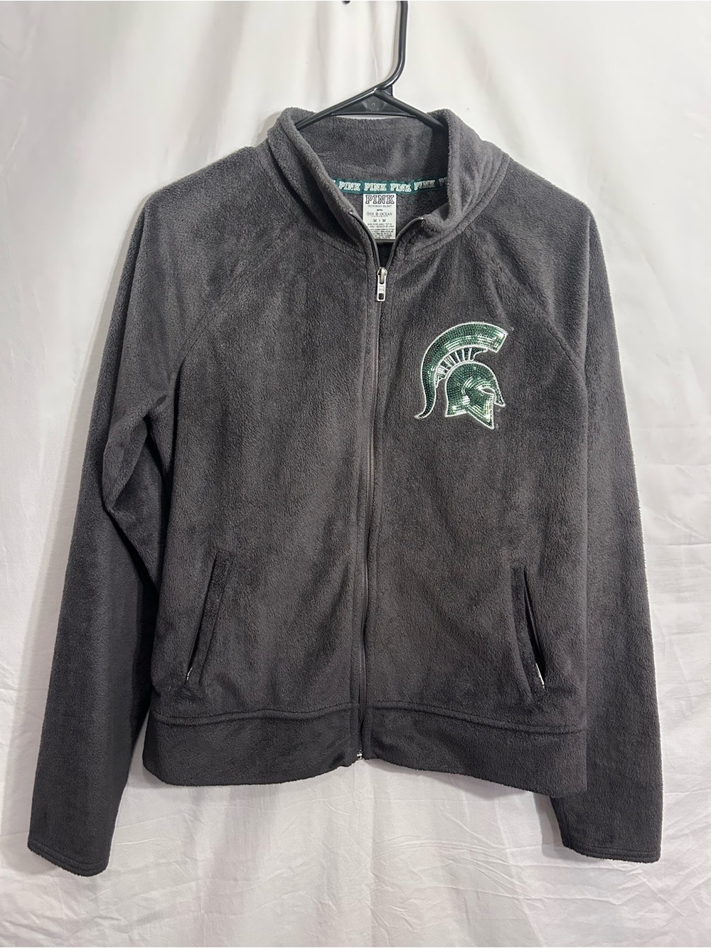 Victoria's Secret MSU Dark Gray Fleece Zip-Up Jacket Spartan Logo